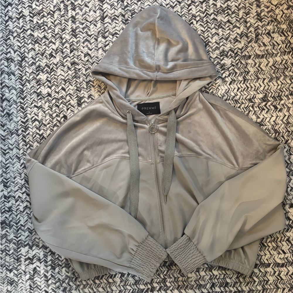 Plus Size Women's Silver Grey Velour Cropped Bomber Jacket with Hood size 3XL